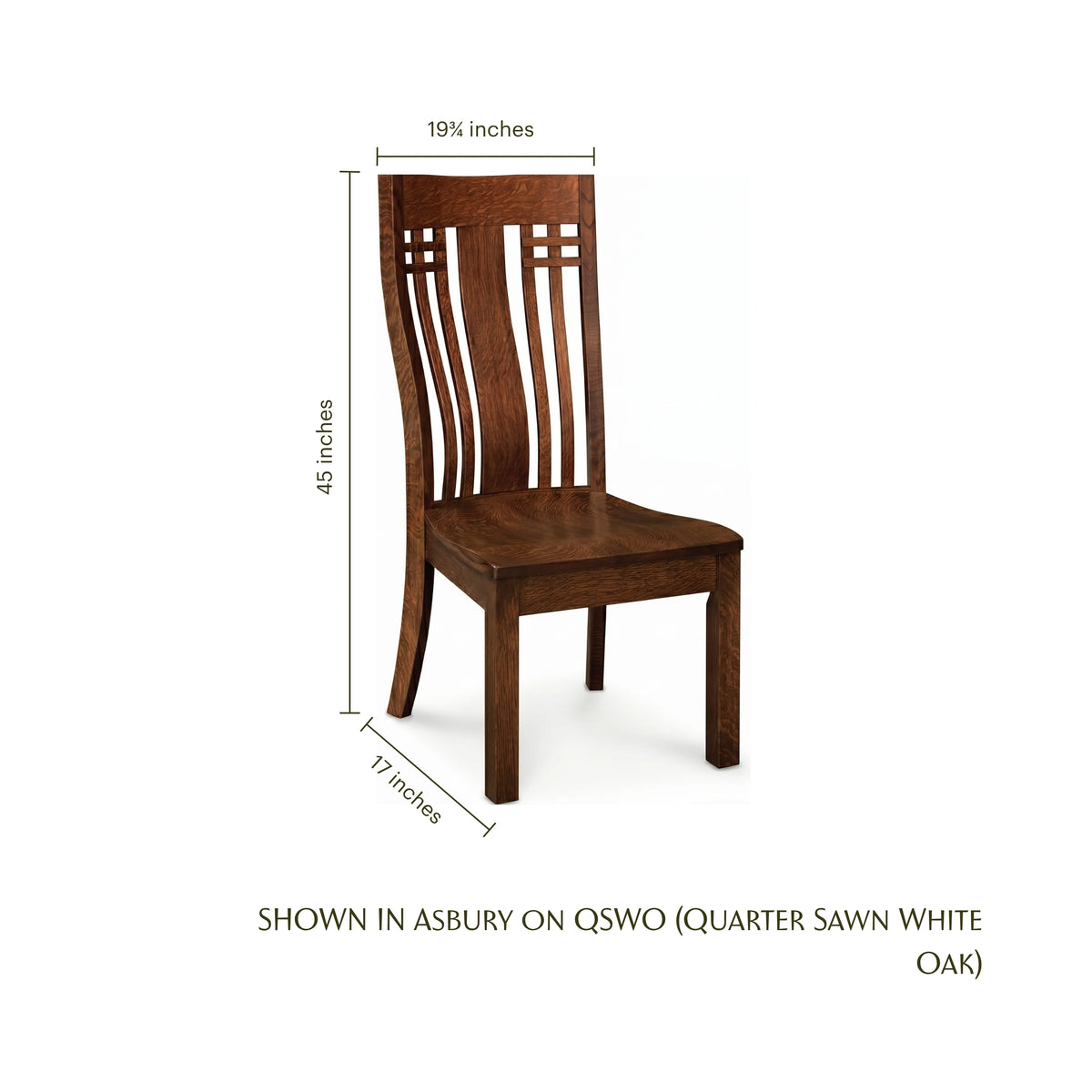 Larson Mission Side Chair in brown oak with dimensions 45"H x 19.75"W x 17"D