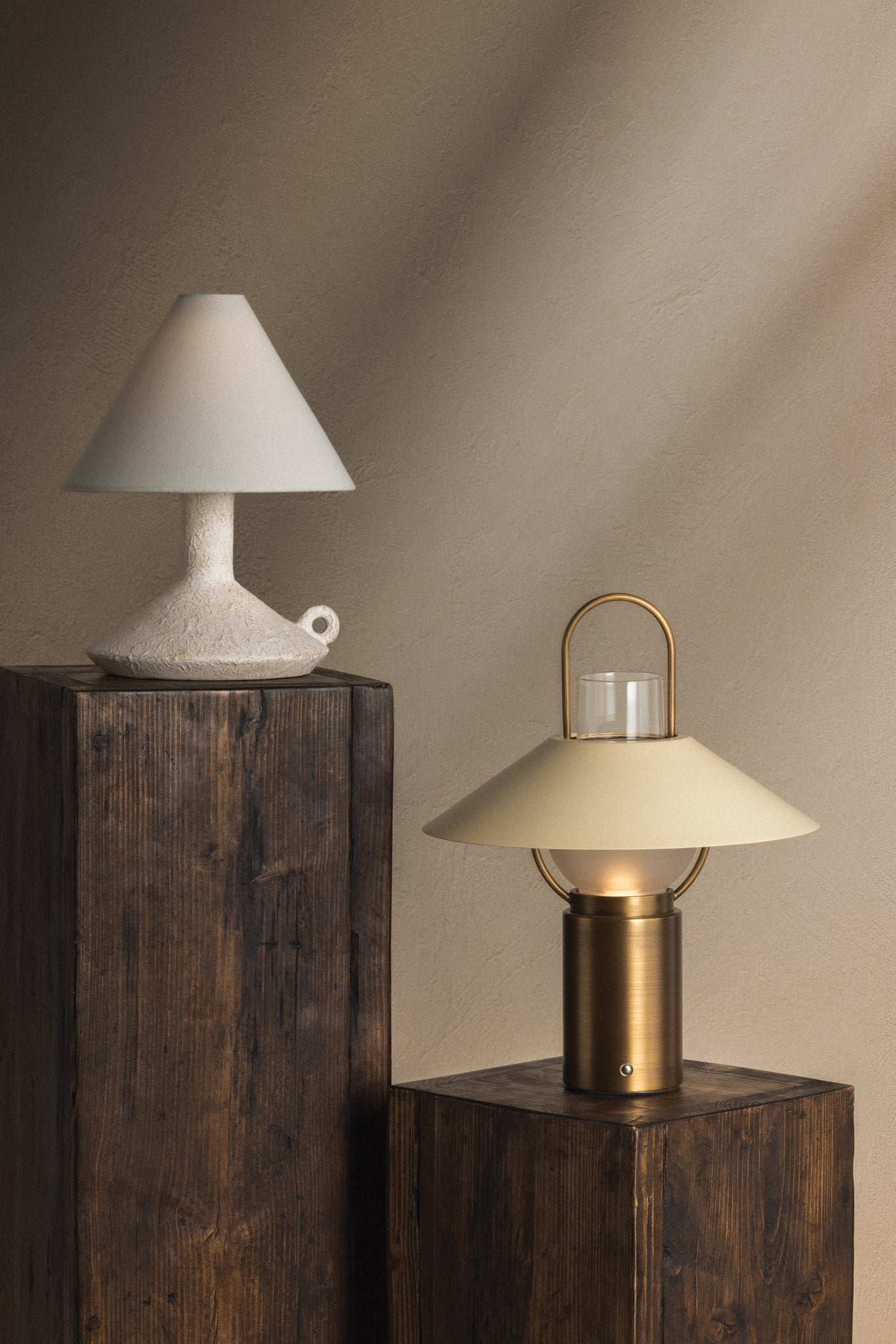 Kindle brass rechargeable table lamp with a soft sand shade and carry handle