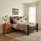 Lexington dark wood panel bed with arched headboard and footboard in a cozy bedroom.