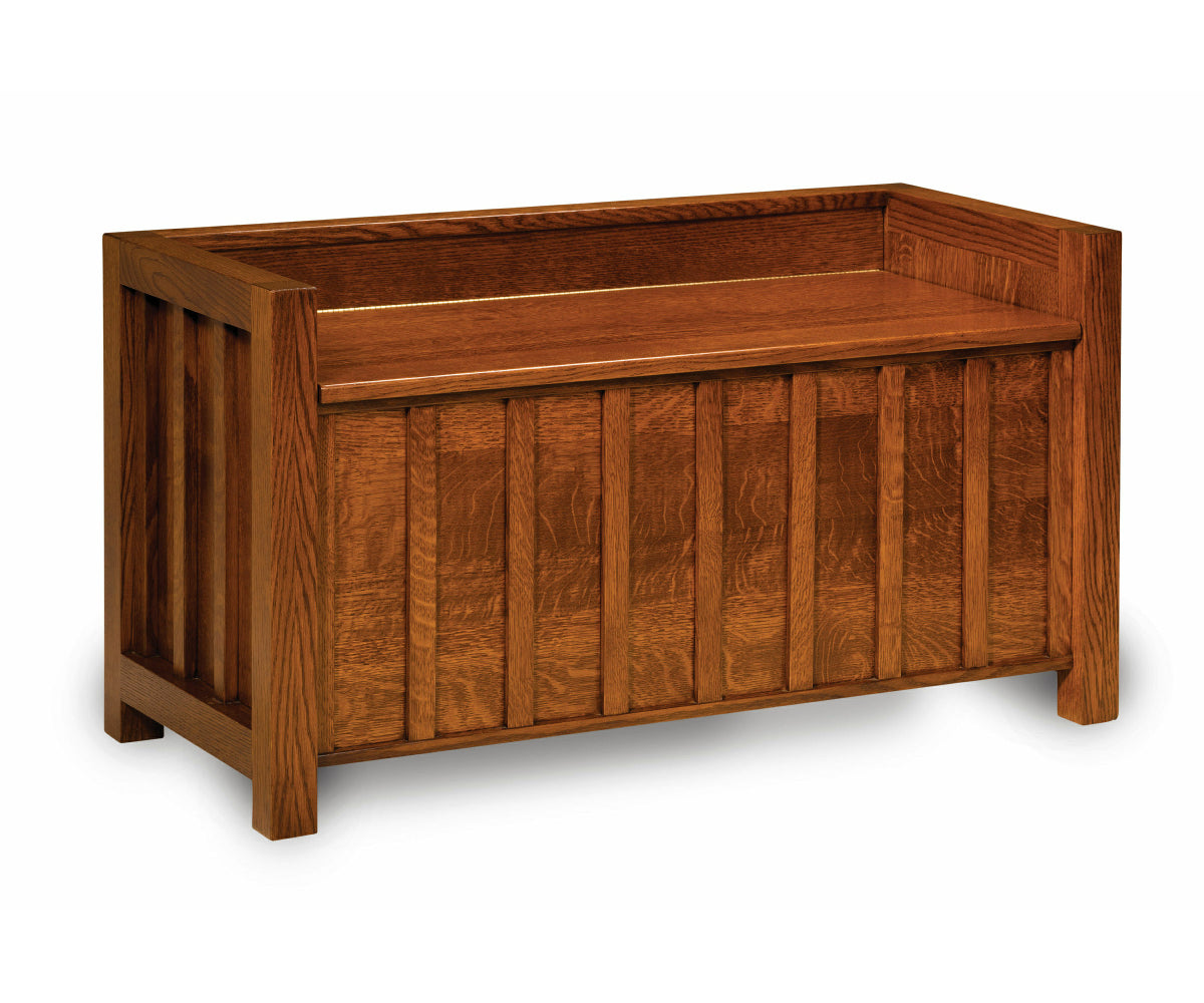 Mission-style solid oak hall bench with a lift-lid storage seat and paneled front.