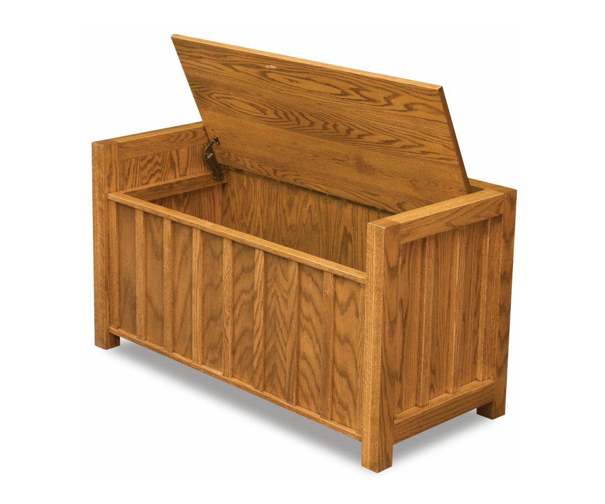 Oak Mission hall bench with open lift-lid storage compartment