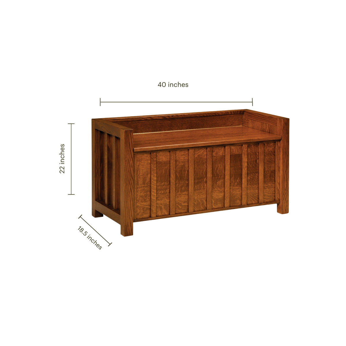 Mission-style oak hall bench with dimensions: 40" W x 22" H x 18.5" D