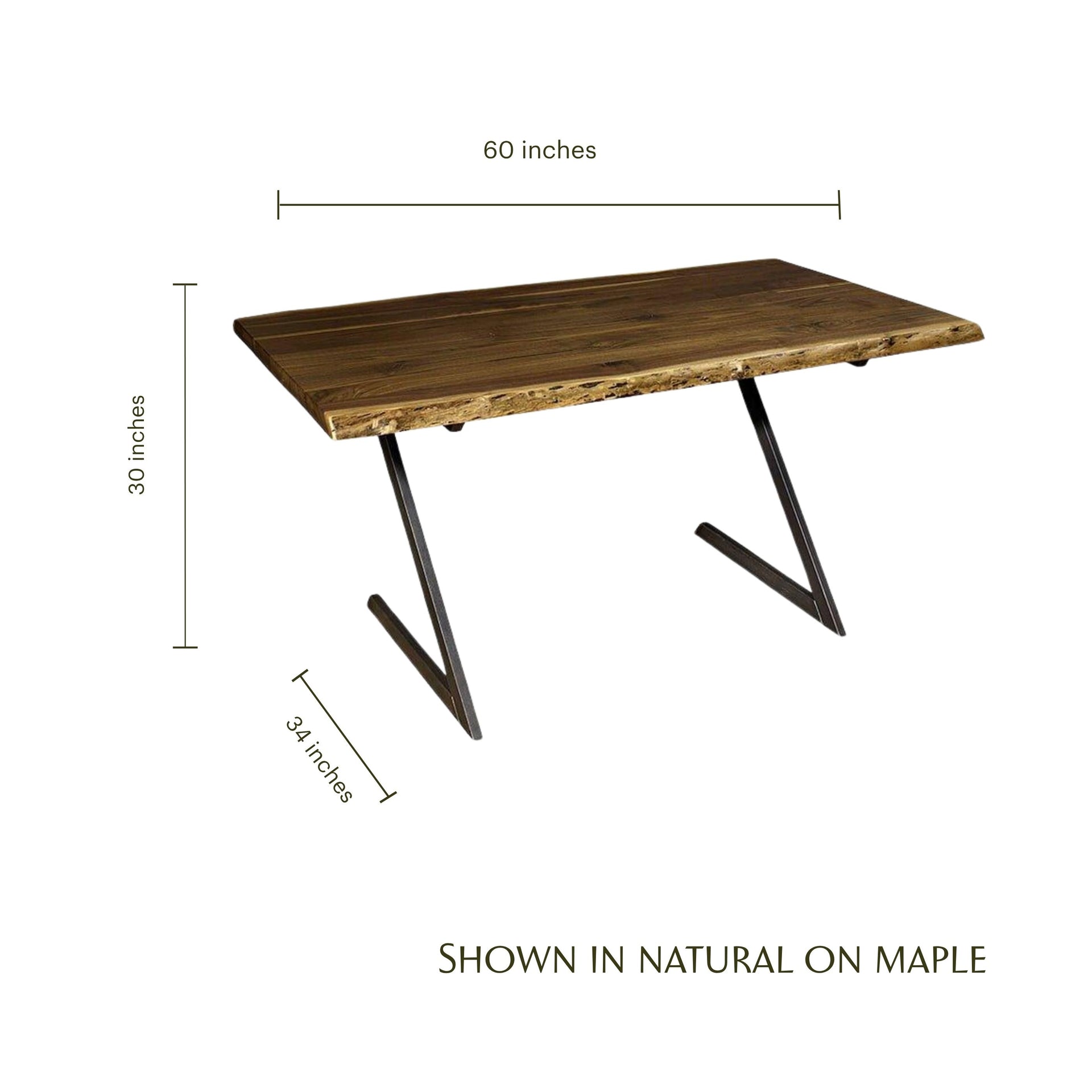 Live Edge Z Base Writing Desk in natural on maple with dimensions 60"W x 34"D x 30"H.