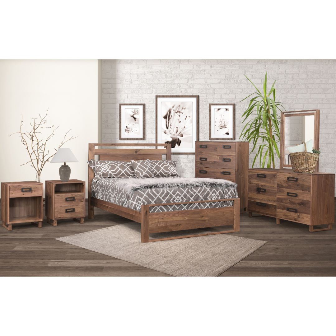 Logan Panel Bed in solid walnut wood with matching bedroom furniture set