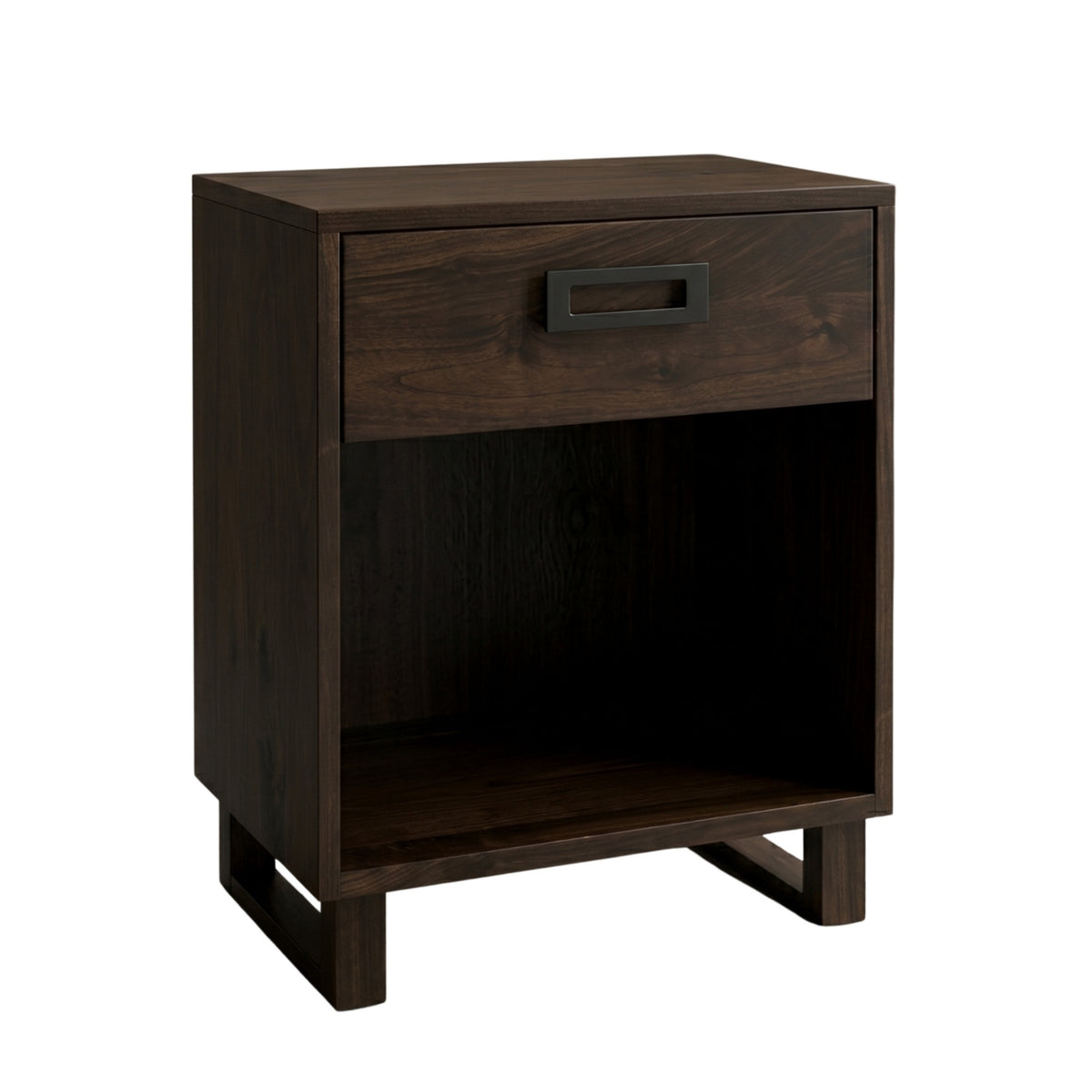 Logan dark brown hardwood nightstand with one drawer and open shelf storage.