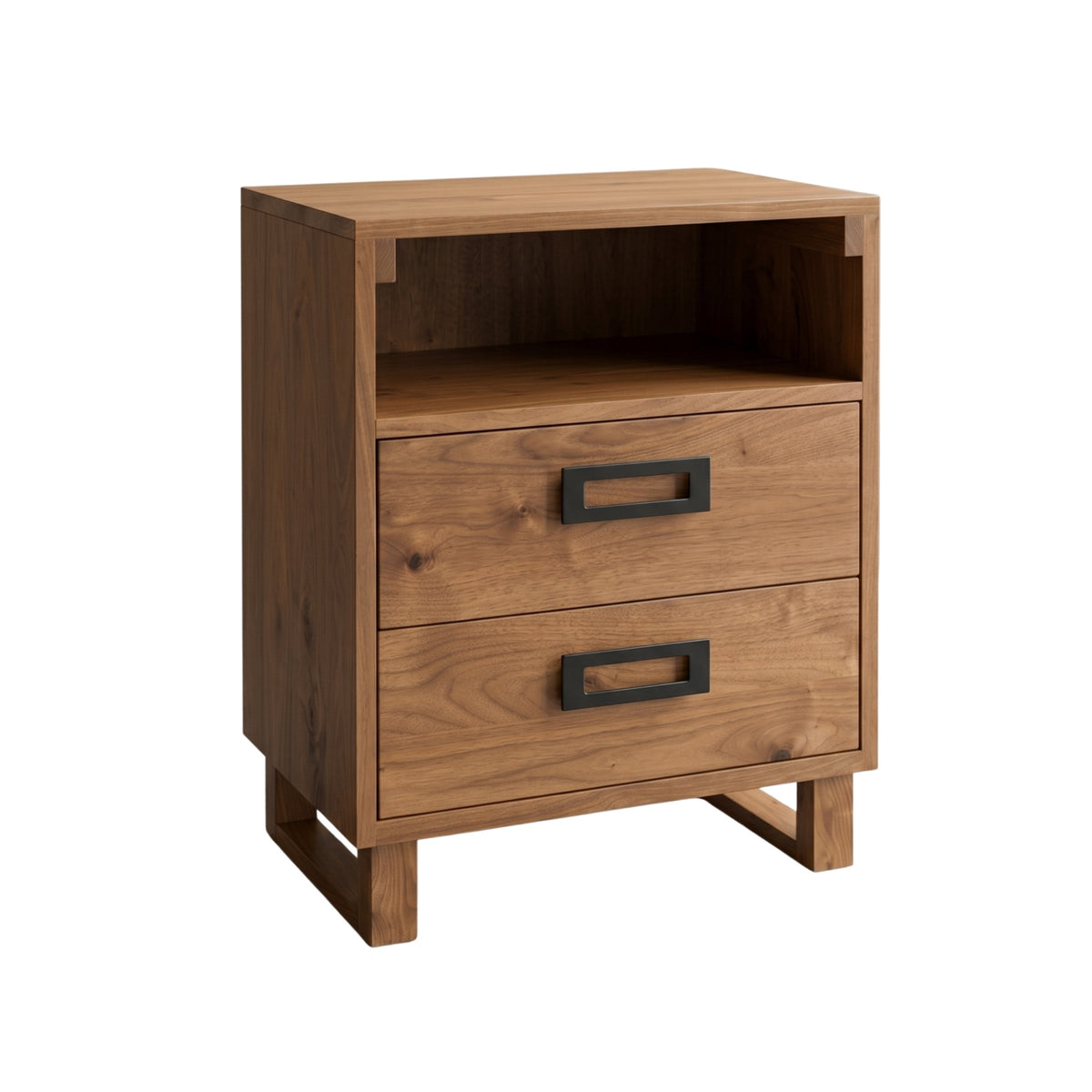 Logan solid hardwood nightstand with two drawers, open shelf, and black metal handles.