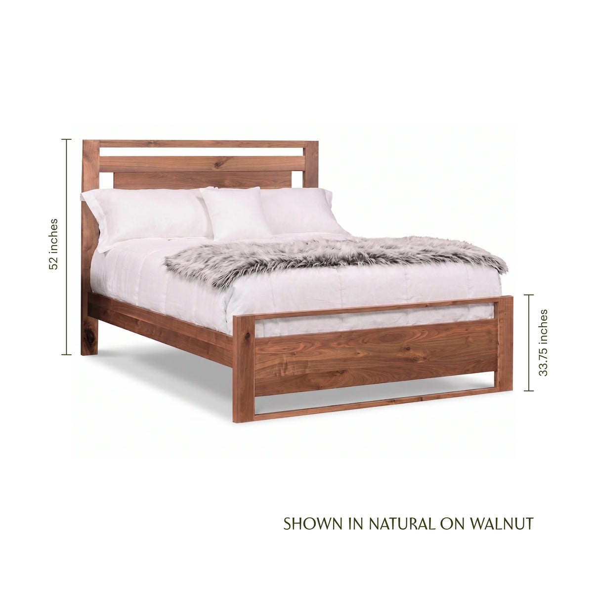 Logan Panel Bed in natural solid walnut with dimensions shown