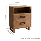 Logan cherry wood nightstand with dimensions, open shelf, and two drawers with black handles.