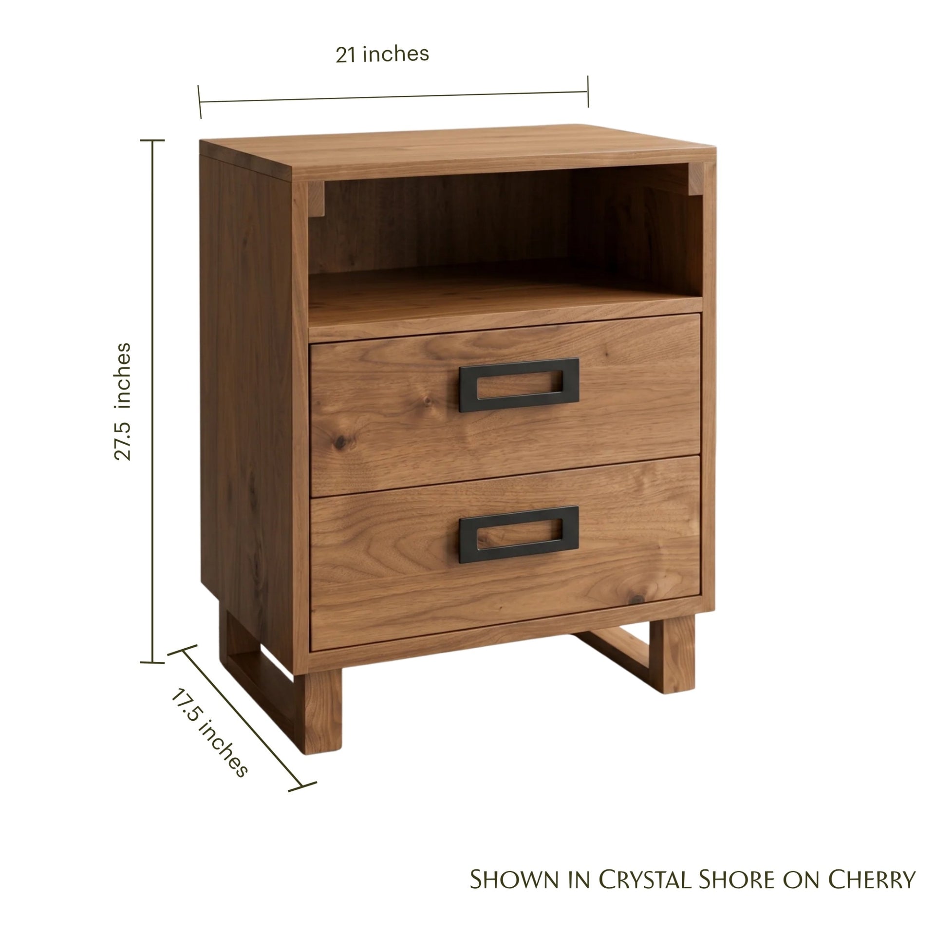 Logan cherry wood nightstand with dimensions, open shelf, and two drawers with black handles.