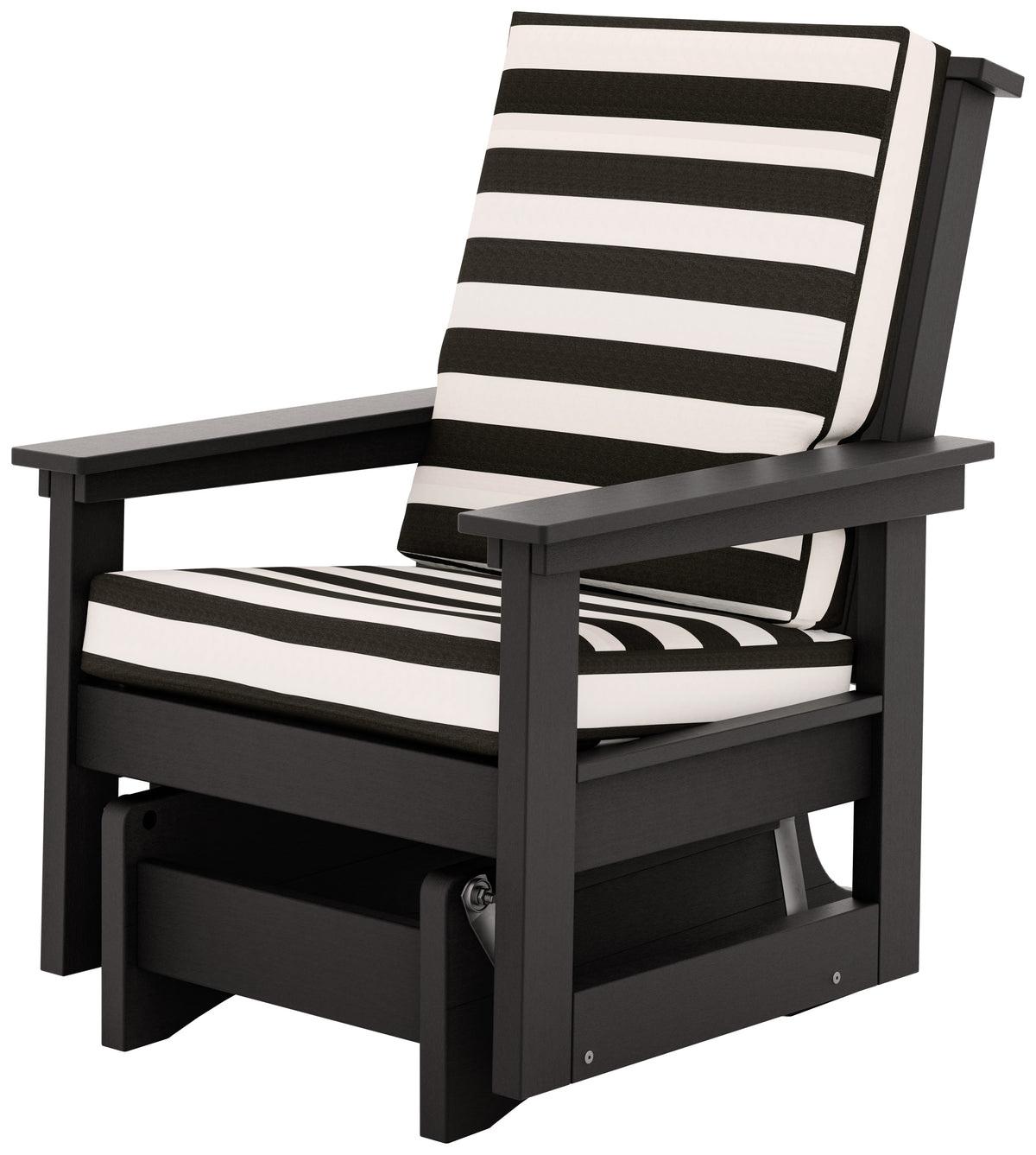 Black patio chair glider with black and white striped Cabana Classic cushions.