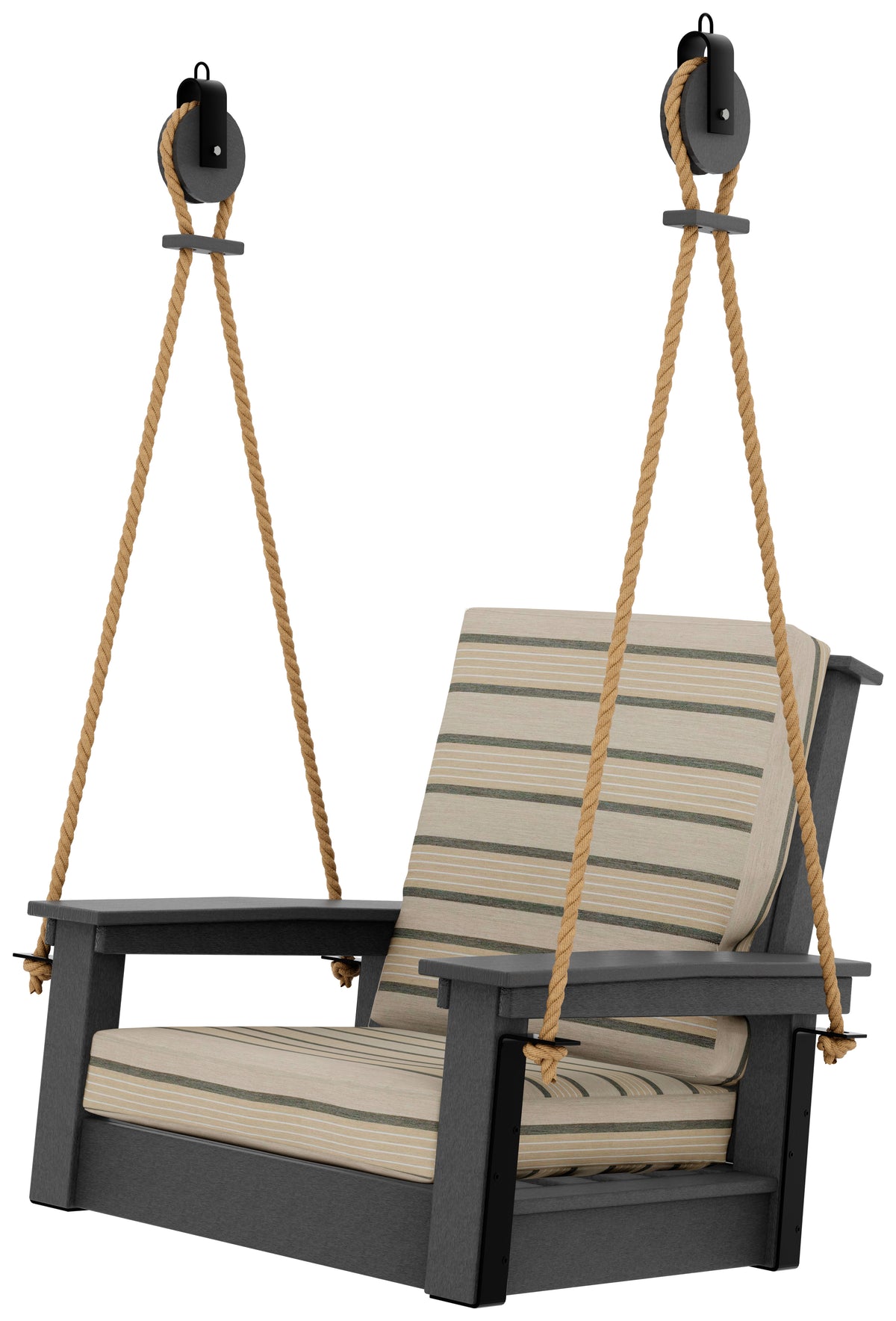 Dark grey outdoor chair swing with striped Cove Pebble cushions and hanging ropes.