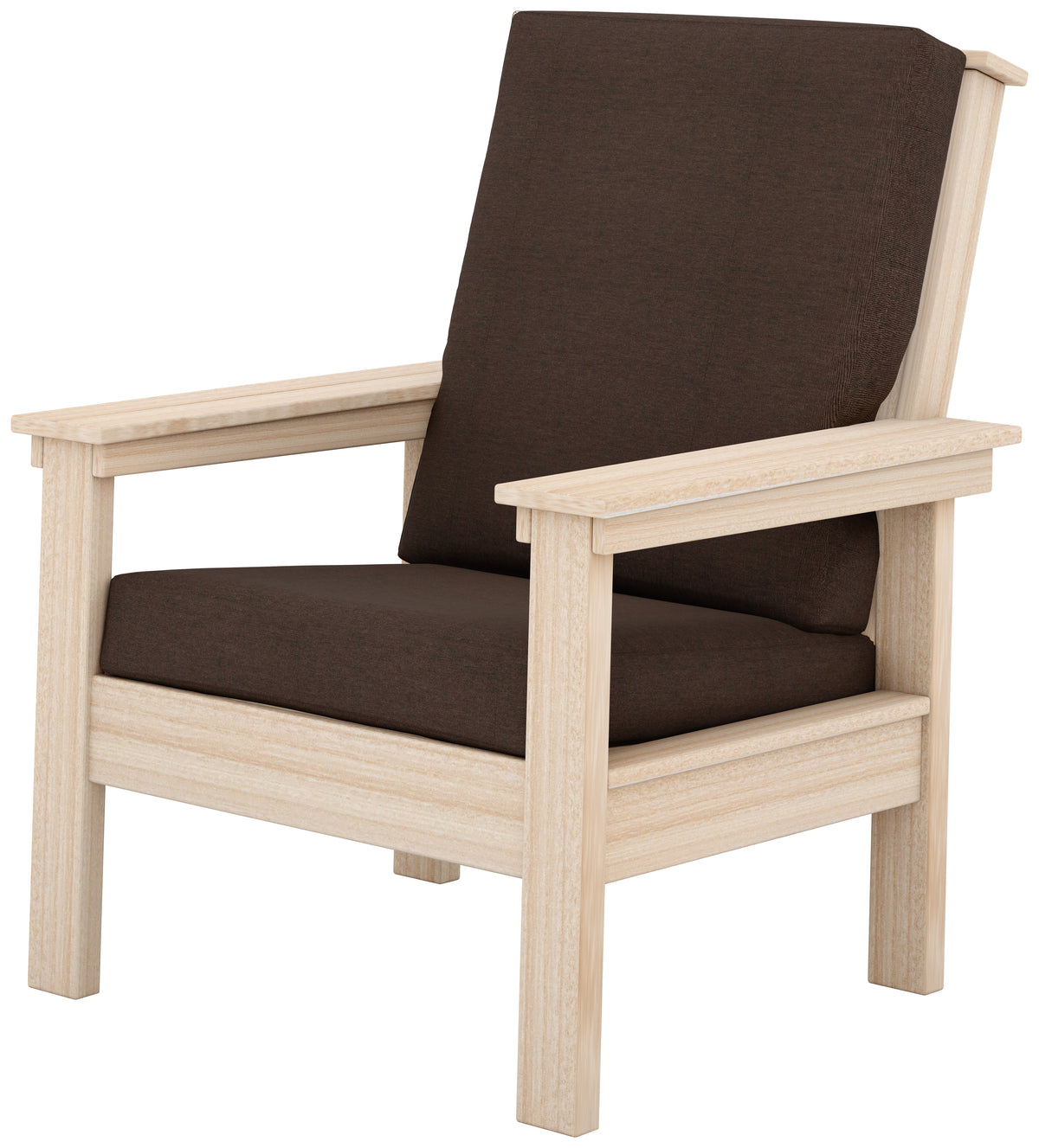 Contemporary patio chair in Seashell wood finish with dark brown Canvas Java cushions.
