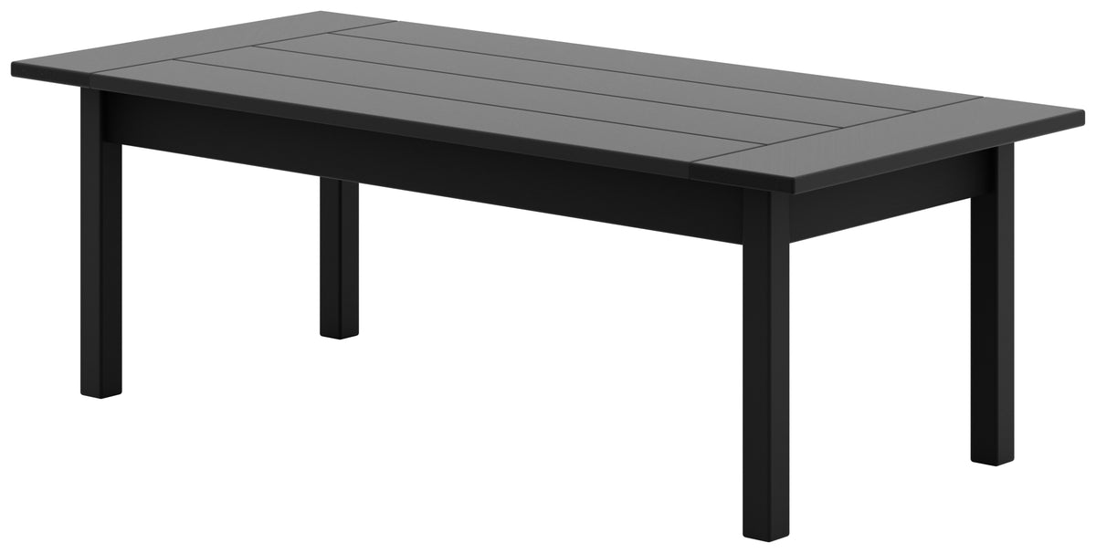 Black contemporary outdoor coffee table with a slatted faux-wood top.