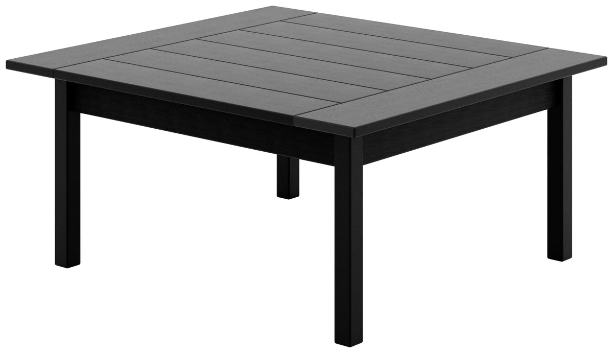 Black square poly lumber outdoor coffee table with a slatted top.