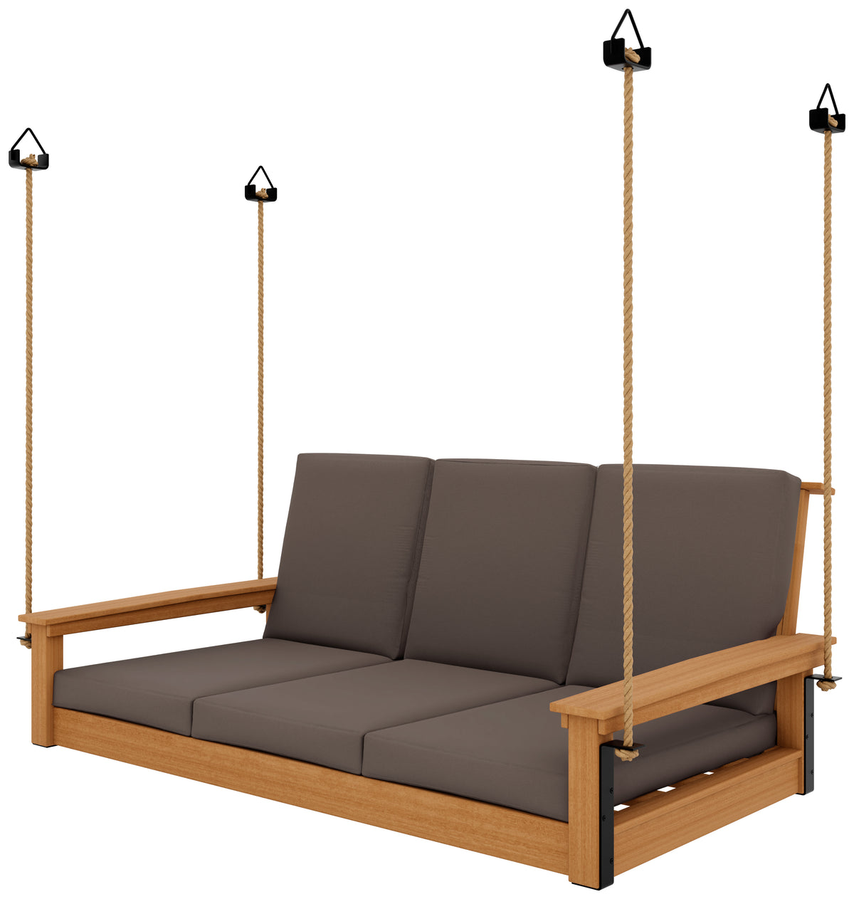 Contemporary teak daybed swing with brown canvas cushions and hanging ropes.