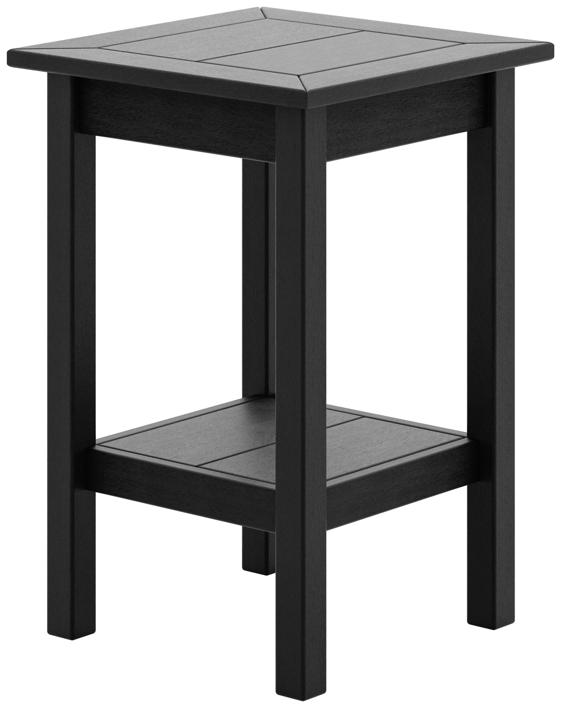 Black contemporary end table with a square slatted top and lower shelf.