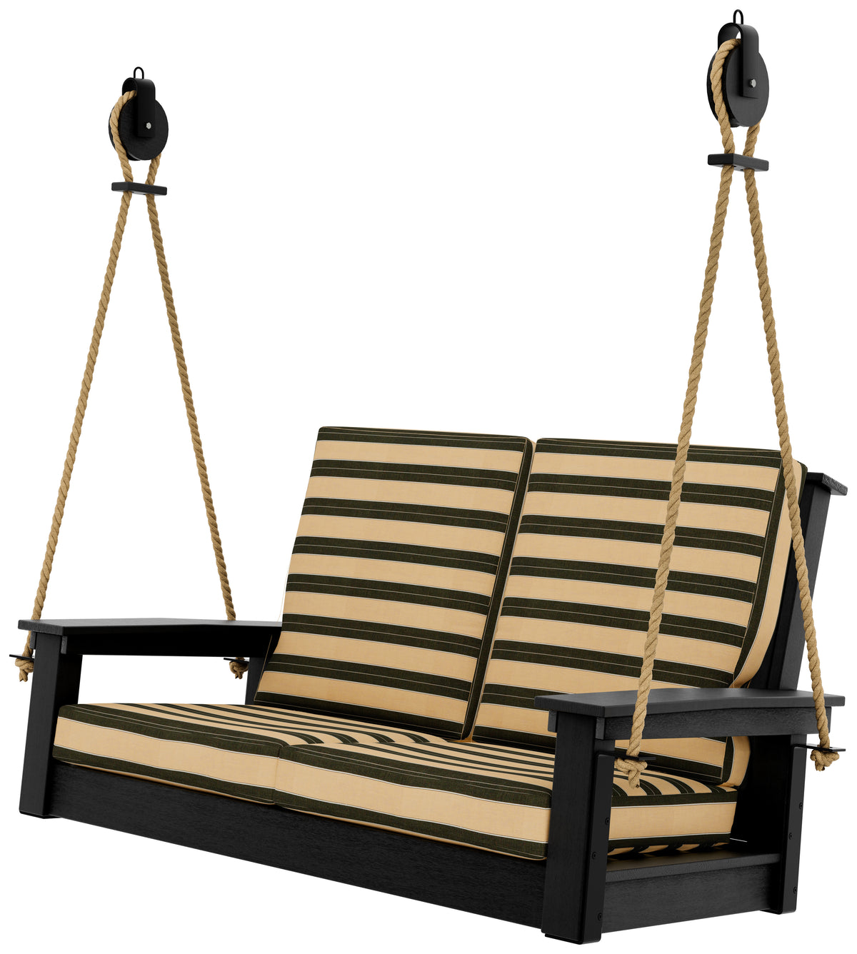 Black contemporary loveseat porch swing with striped Berenson Tuxedo cushions and hanging ropes.