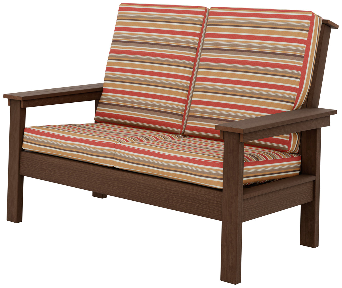 Brazilian Walnut outdoor loveseat with striped red and brown Sunbrella cushions.