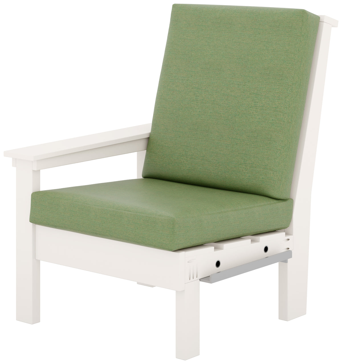 White poly lumber outdoor sectional chair with green canvas cushions.