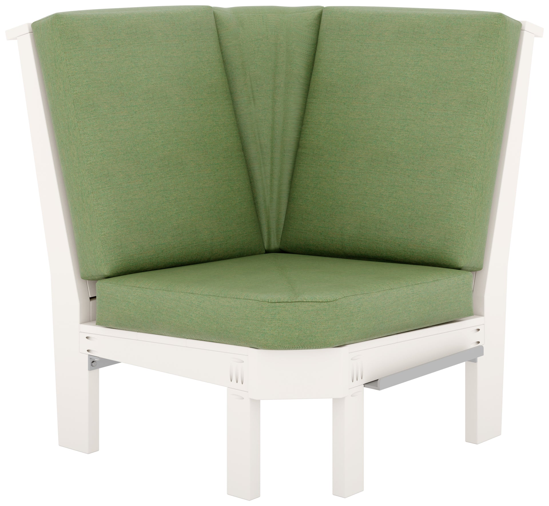 White poly lumber outdoor sectional corner chair with green Canvas Fern cushions.