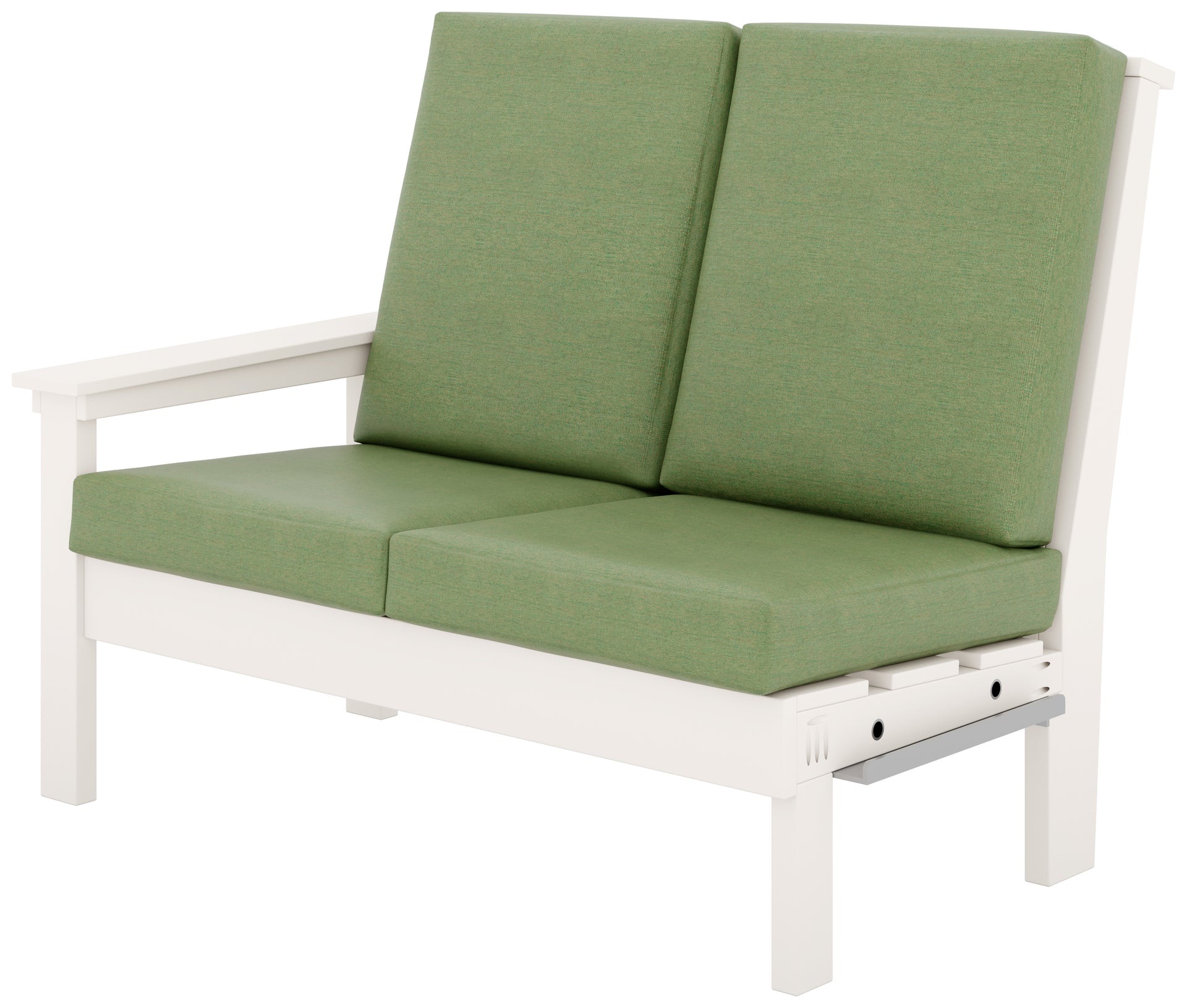 White poly lumber outdoor loveseat with green cushions.