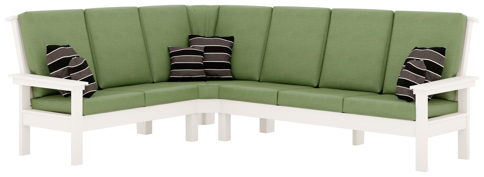 White poly lumber outdoor sectional with green cushions and striped pillows.