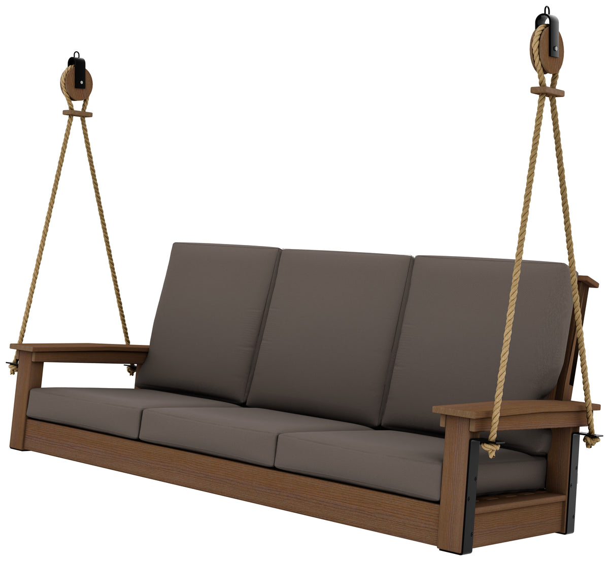 Antique Mahogany outdoor sofa swing with Canvas Coal cushions and hanging ropes.