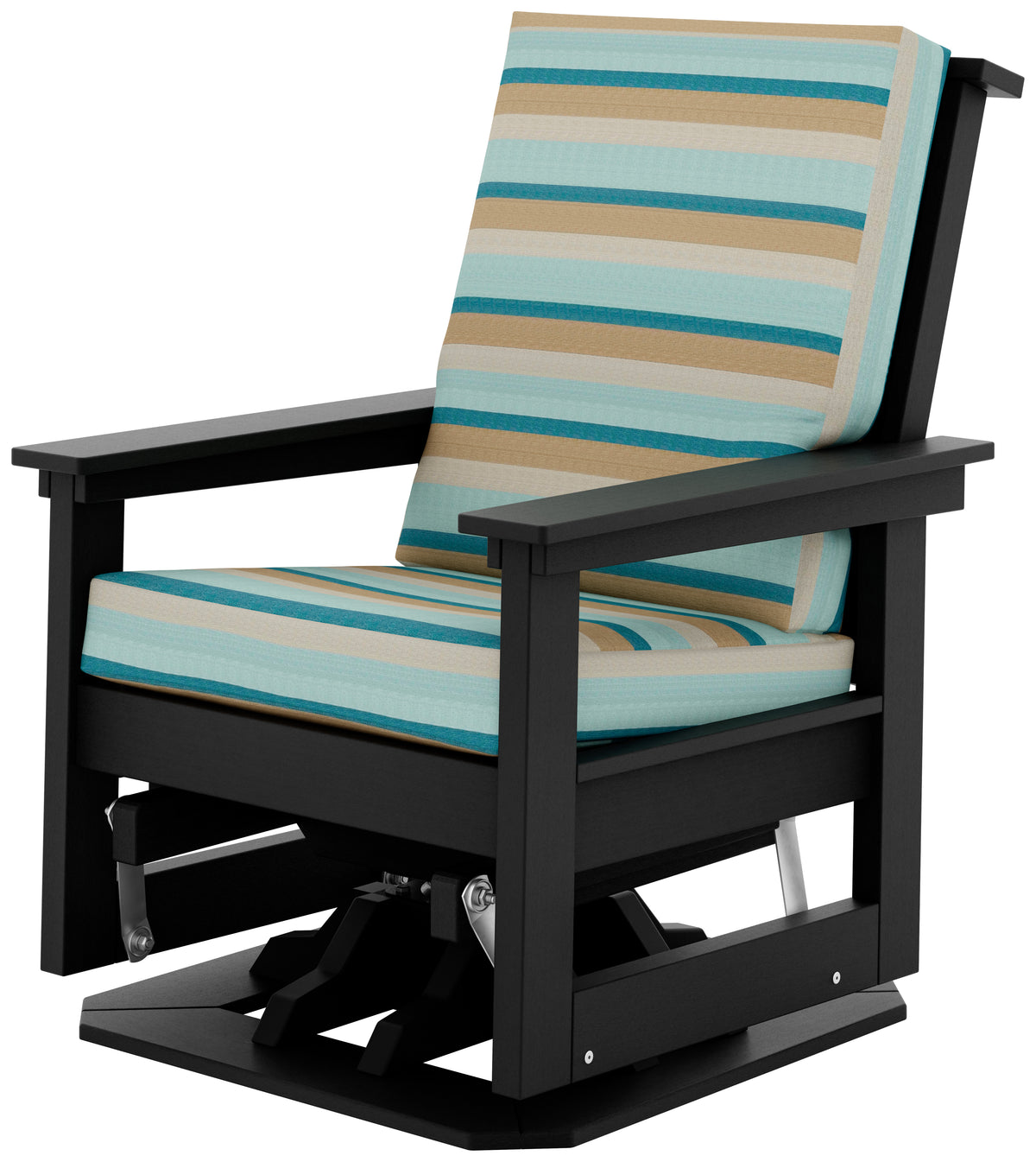 Black contemporary patio swivel glider chair with striped blue and beige Sunbrella cushions.