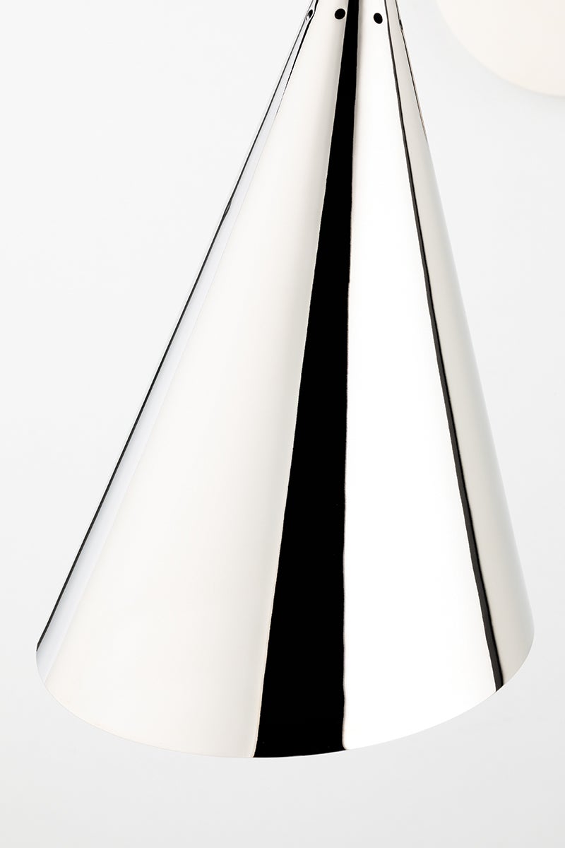 Polished nickel cone shade of the Lupe wall sconce.