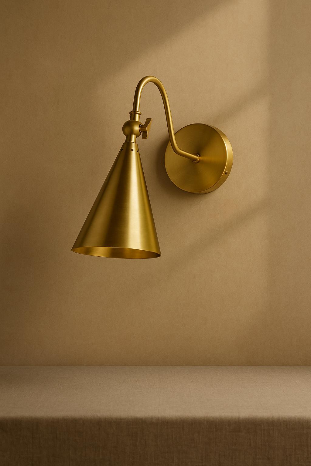 Lupe aged brass wall sconce with a cone shade, gooseneck arm, and swivel key.