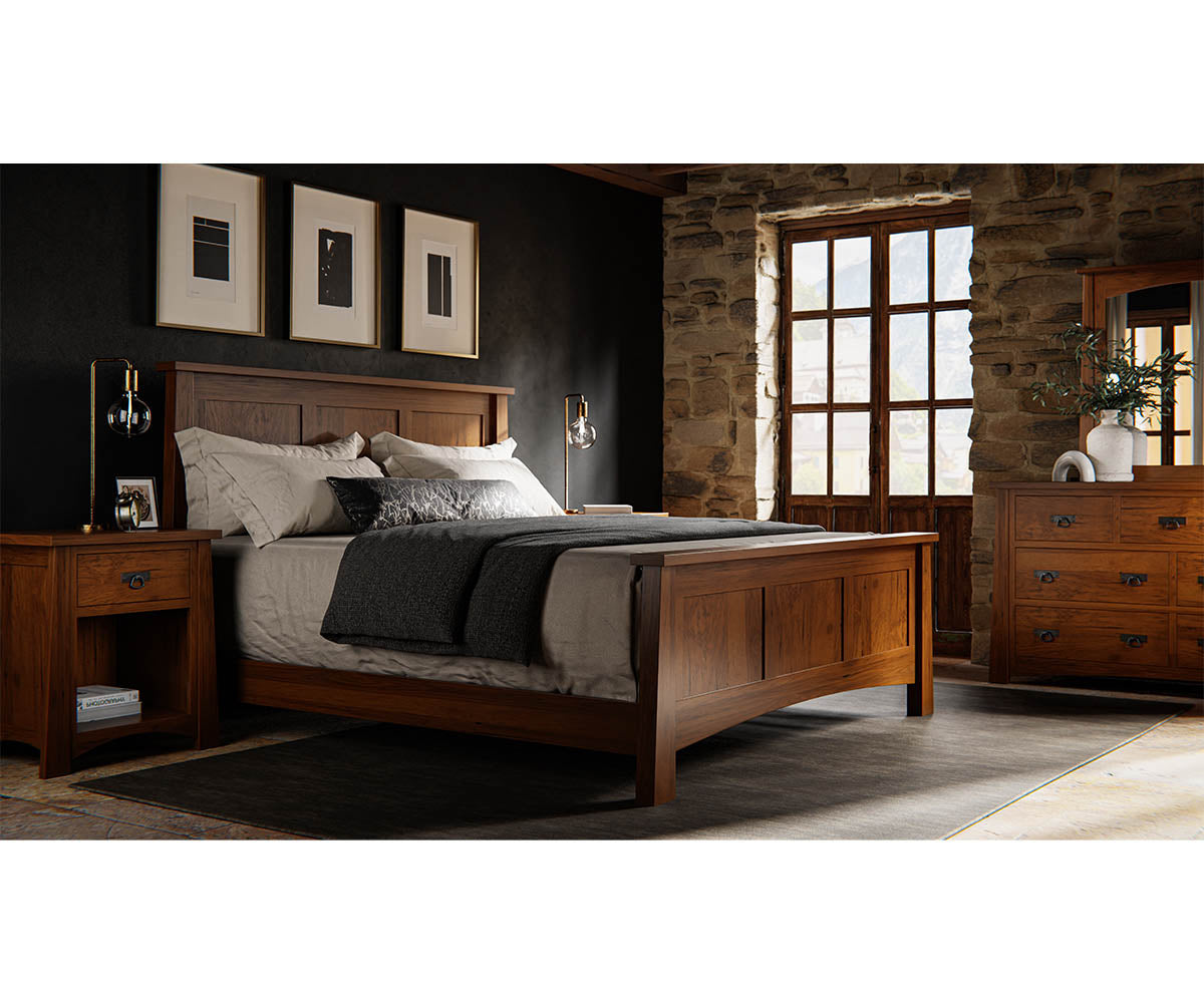Fairfax wooden panel bed in a warm brown finish with matching nightstand and dresser