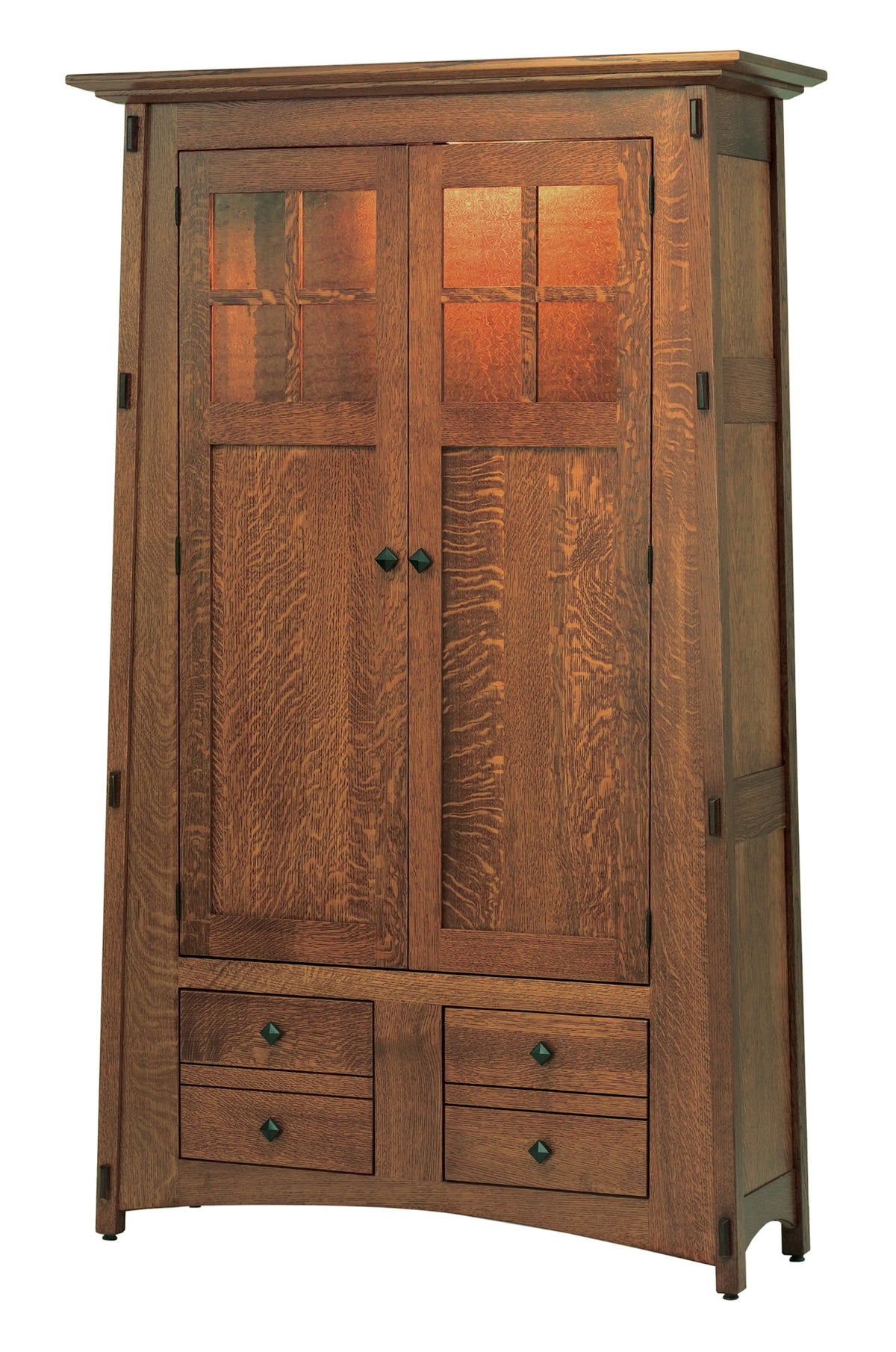 McCoy Craftsman oak bookcase with glass panel doors and four bottom drawers