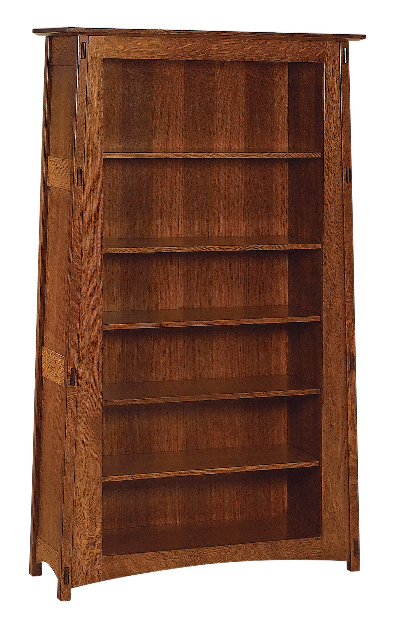 McCoy open craftsman bookcase in warm brown oak wood with five adjustable shelves.