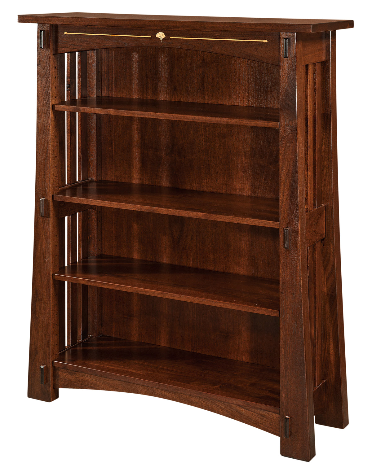 Mesa Ginkgo Inlay Bookcase in dark brown solid wood with yellowheart ginkgo leaf inlay.