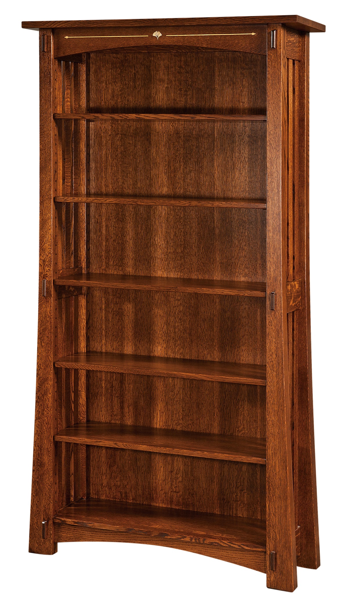 Mesa Ginkgo Inlay Bookcase in dark solid wood with yellowheart ginkgo leaf inlay.