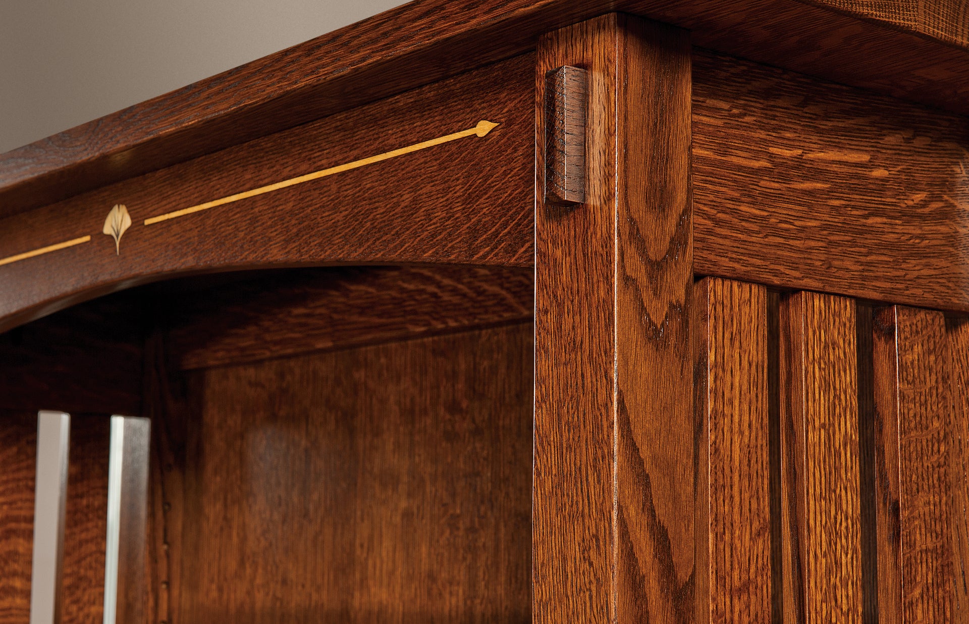 Mesa Ginkgo Inlay Bookcase in dark oak wood with yellowheart ginkgo leaf inlay.