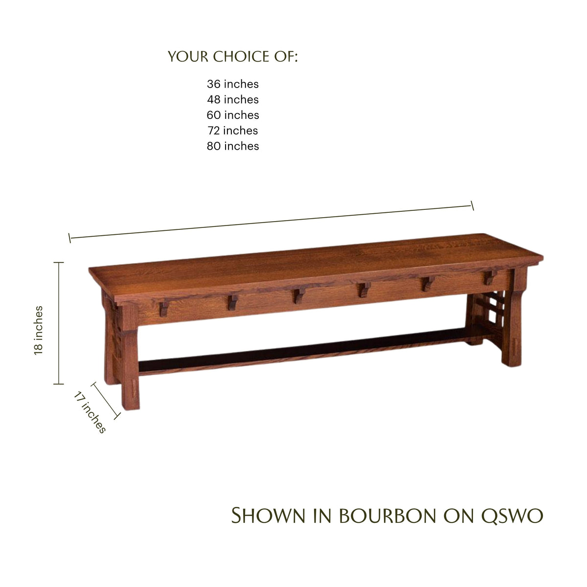 MaKayla solid wood dining bench in bourbon finish with craftsman details and dimensions