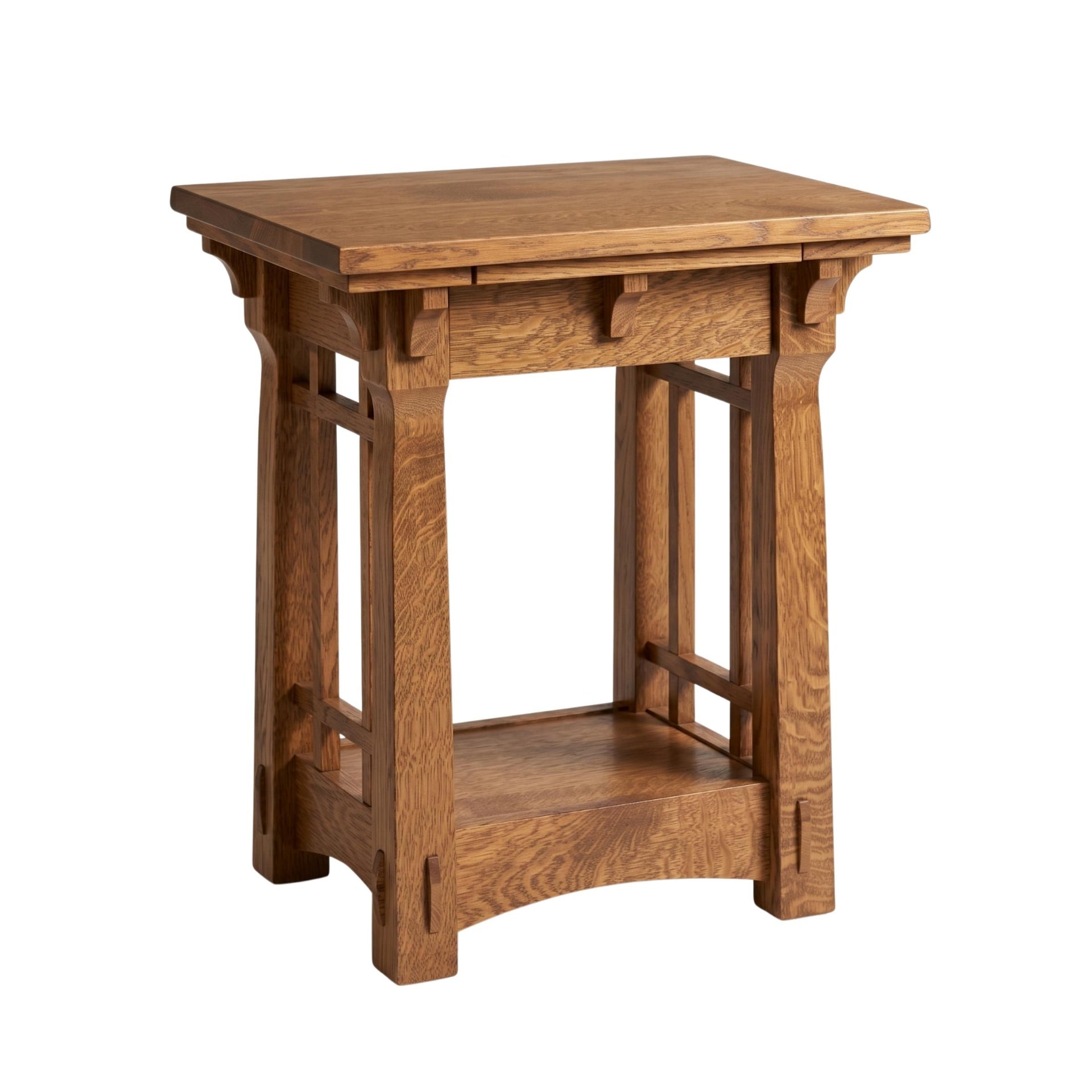 MaKayla solid oak nightstand table with Mission-style details and a bottom shelf.