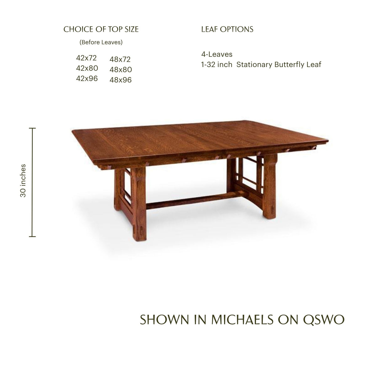 MaKayla Trestle Table in Michaels finish on quarter sawn white oak with size options.