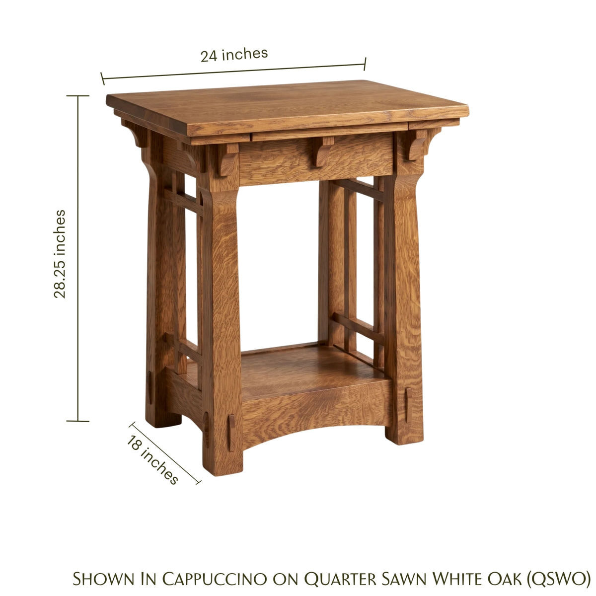 MaKayla oak nightstand table in cappuccino finish with dimensions shown