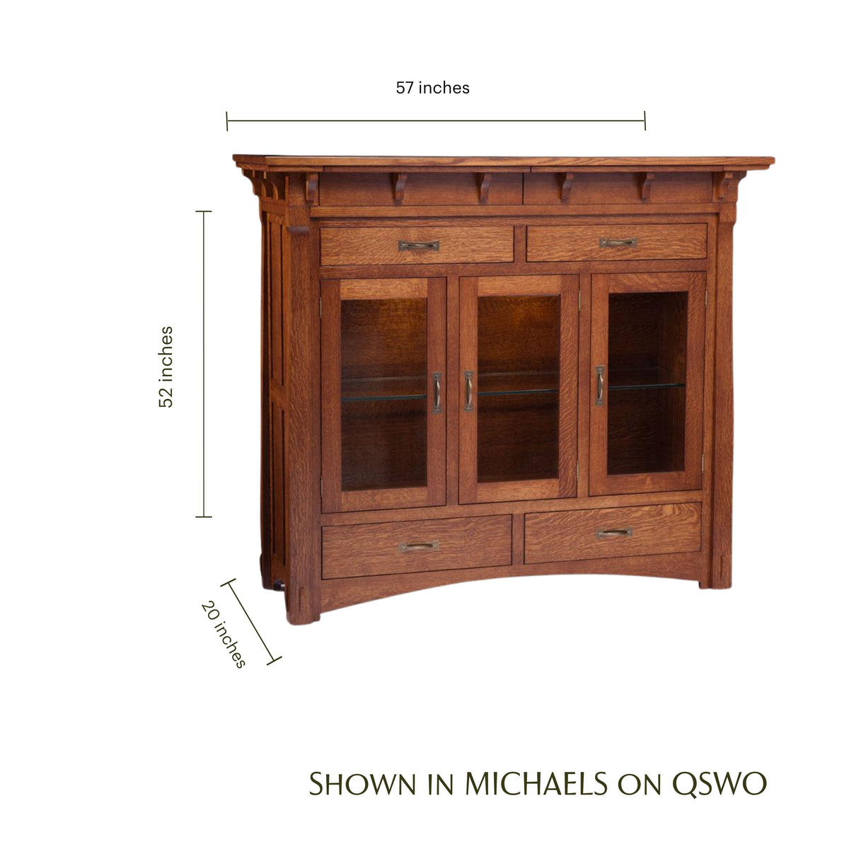 MaRyan craftsman oak 3-door console cabinet with glass doors and dimensions.