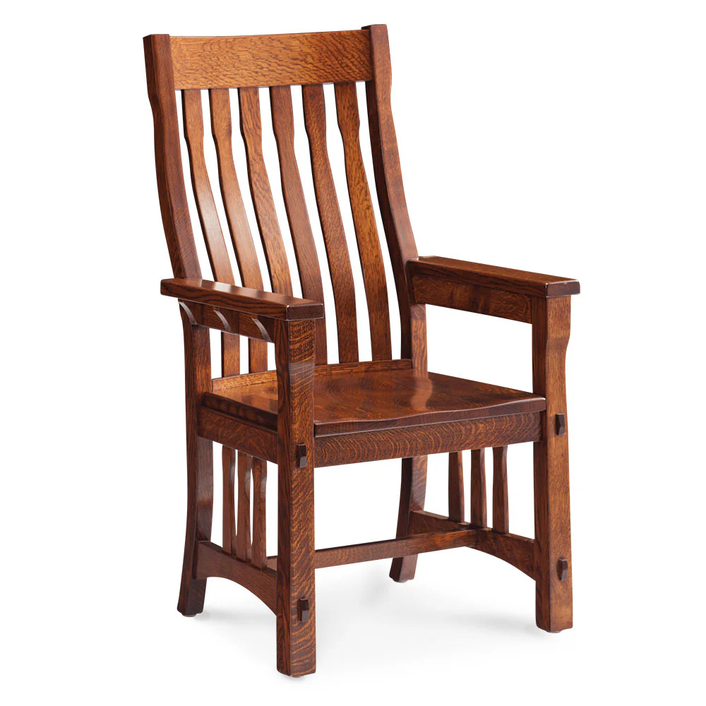 MaRyan Mission-style solid hardwood arm chair with a warm brown oak finish and slatted back.