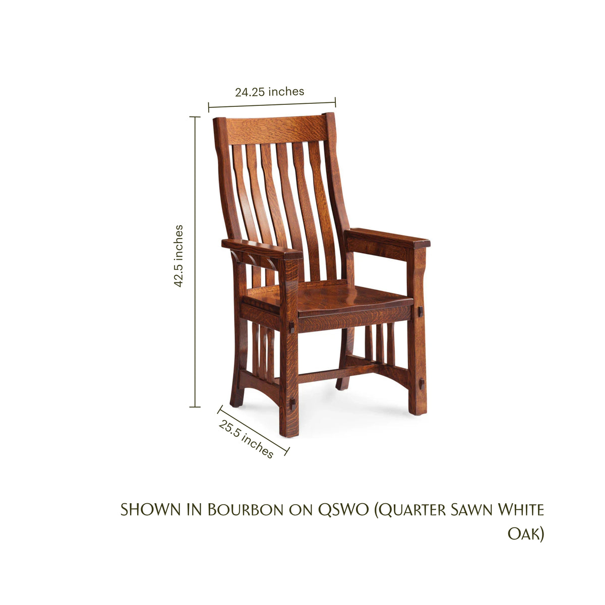 MaRyan mission-style arm chair in bourbon-finished quarter sawn white oak with dimensions.