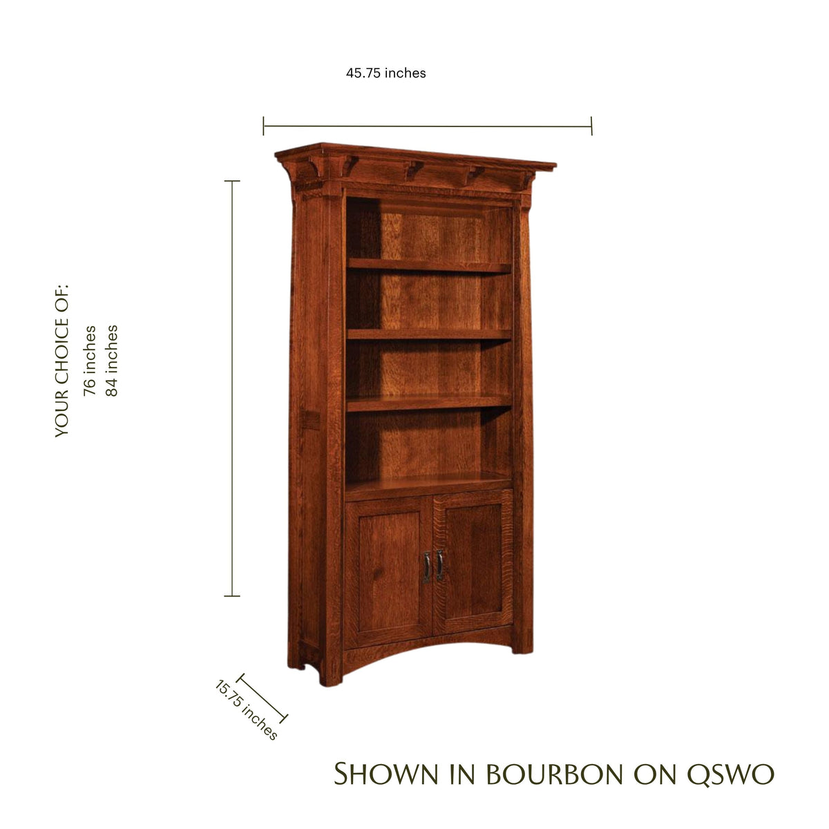 MaRyan solid wood bookcase in bourbon finish with open shelves and bottom doors