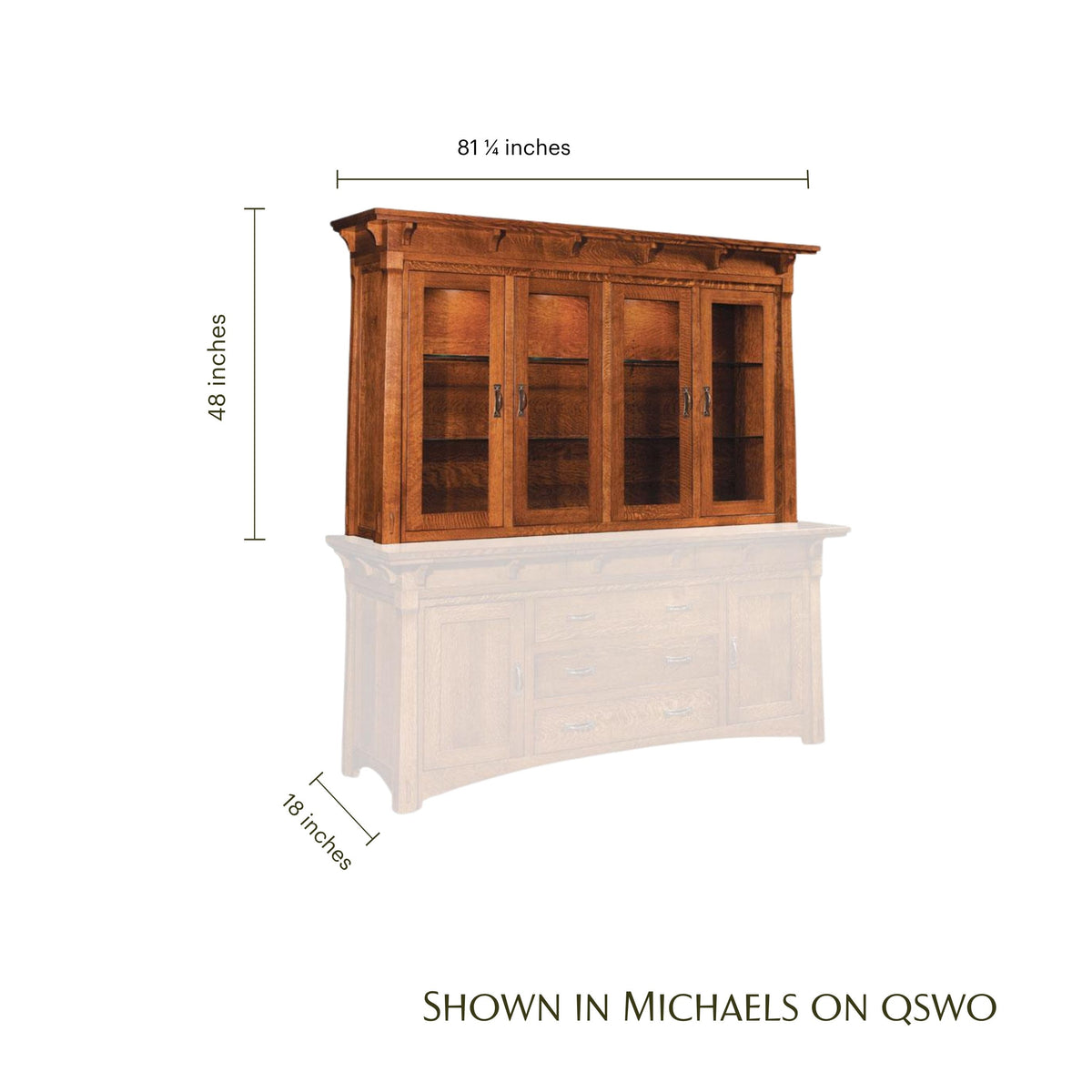 MaRyan wooden closed hutch top with dimensions, shown in Michaels on QSWO.