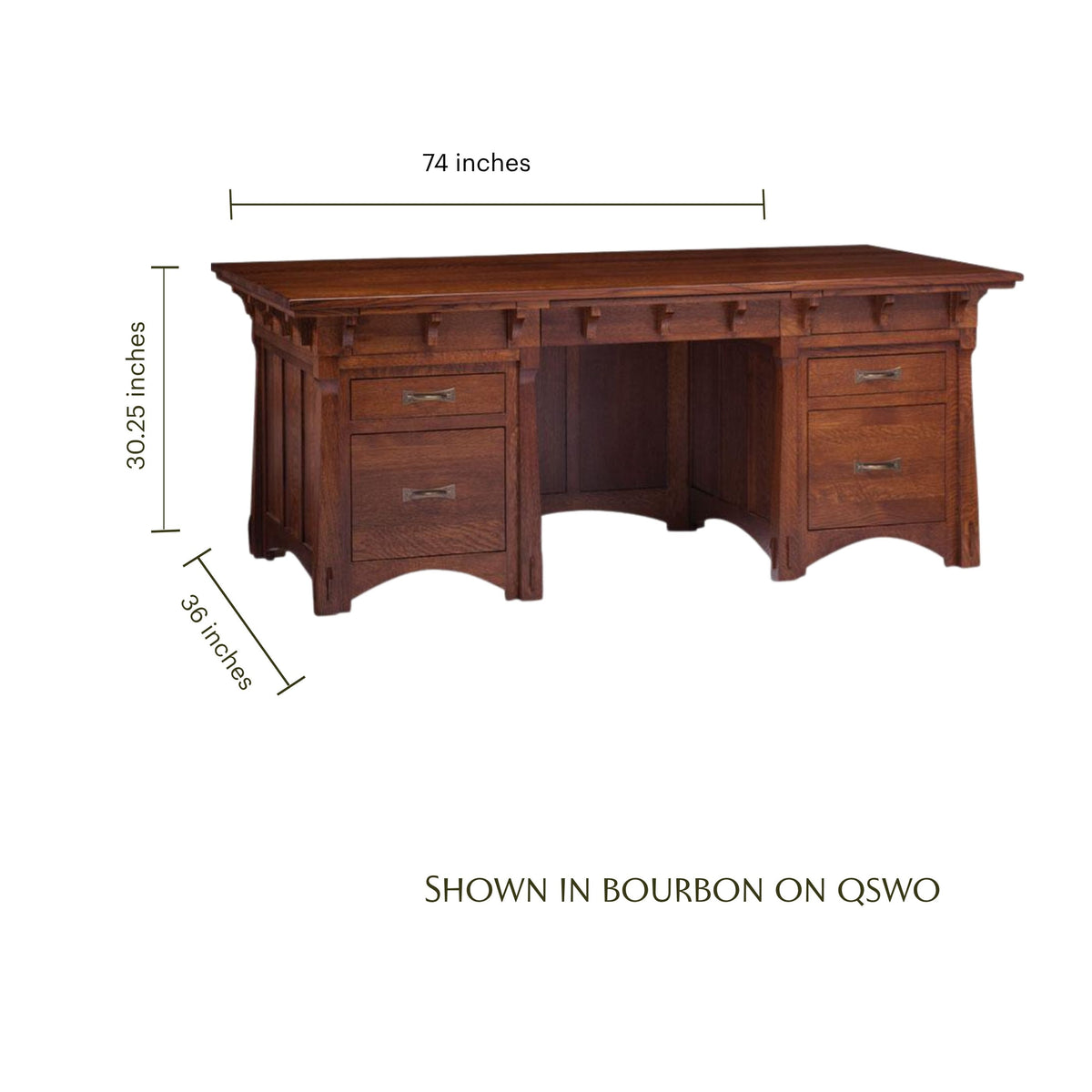 MaRyan solid wood executive desk in bourbon QSWO with dimensions 74x36x30.25 inches