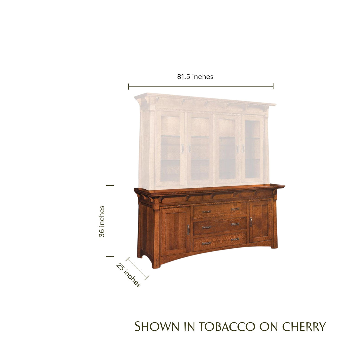 MaRyan wooden hutch base in tobacco on cherry finish with dimensions shown