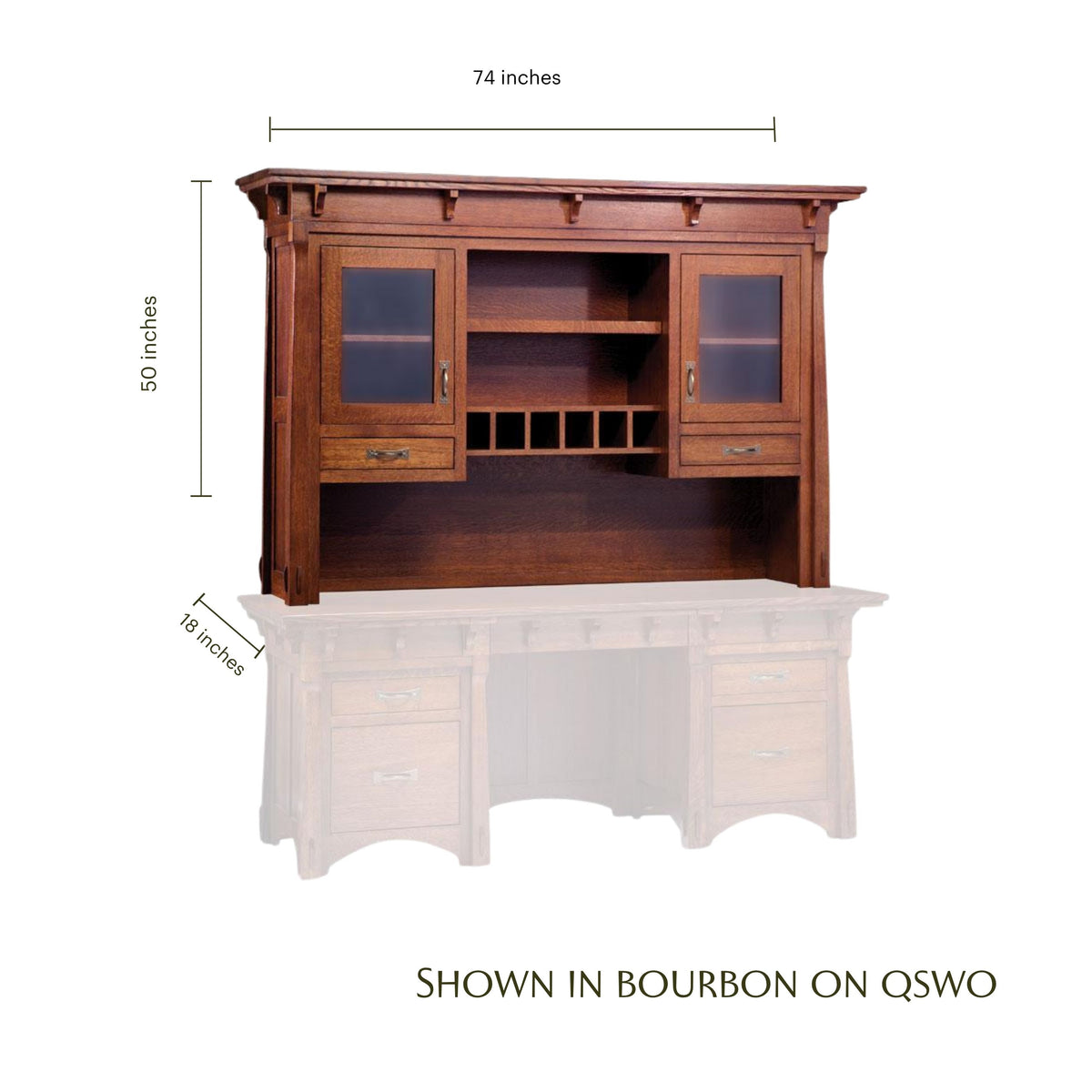 MaRyan Bourbon QSWO wooden hutch top with glass doors and dimensions shown.