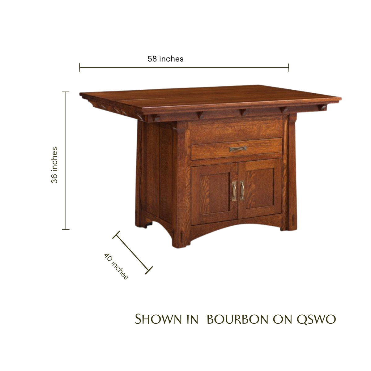 MaRyan Island Table in bourbon-finished oak, measuring 58 by 40 by 36 inches.