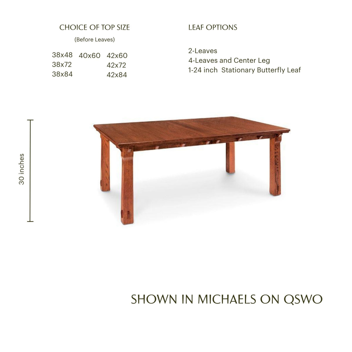 MaRyan solid wood leg dining table in Michaels finish on quarter sawn white oak.